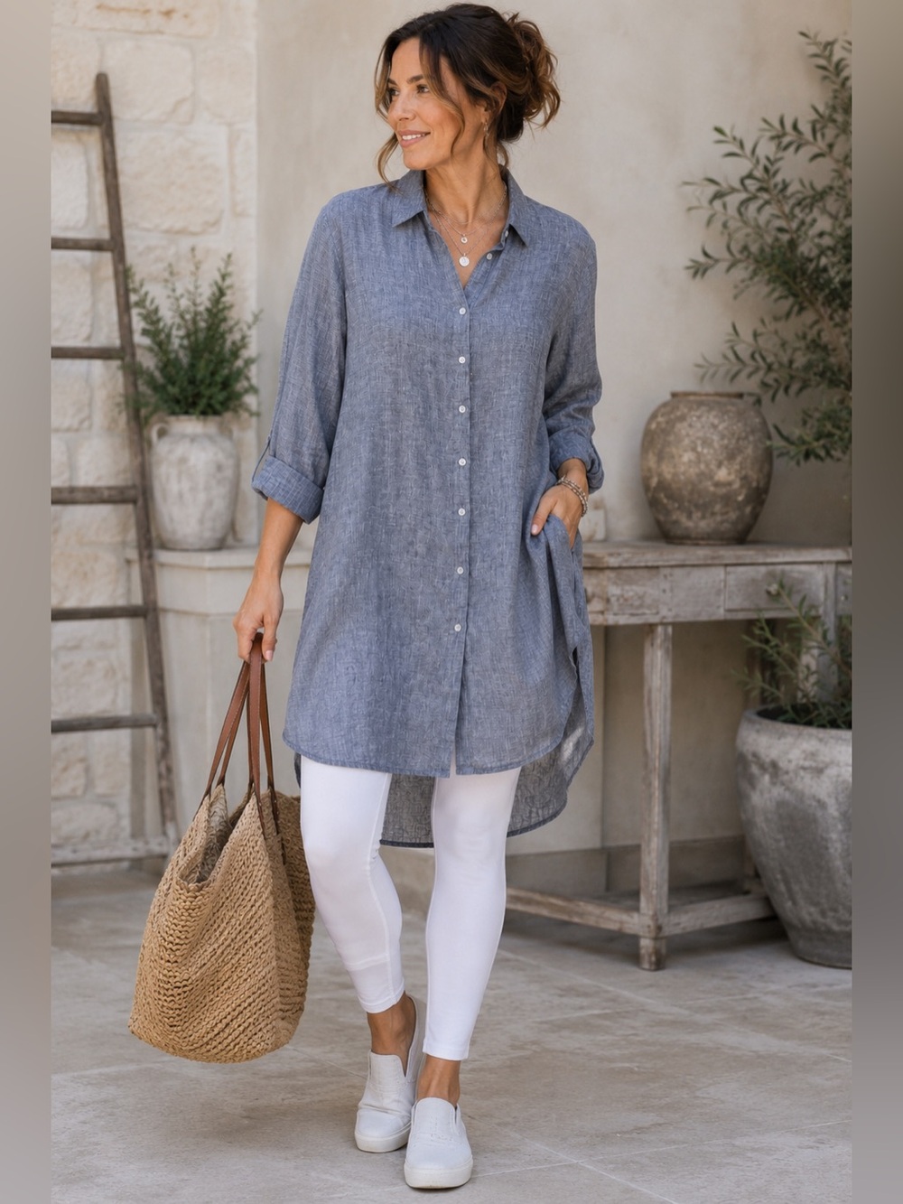 Tahari 100% Linen Blue Gray Tunic Shirt 1X Long Button Front Lagenlook - Picture 1 of 11